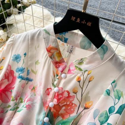 Floral Stand Collar Maxi Dress With Belt