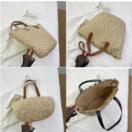 Faux Straw Wood Handle Tote Bag