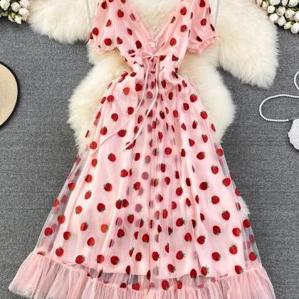 Strawberry Fields Summer Dress - Playful Floral Chiffon Dress for Women
