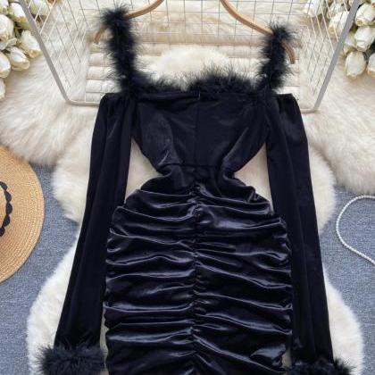Women's Black & White Feather Trim Bodycon Maxi Dress