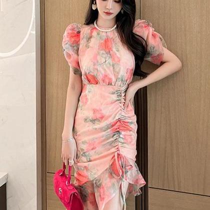 's Floral Puff Sleeve Ruched Frill Trim Shirred A Line Boho Flared Dress