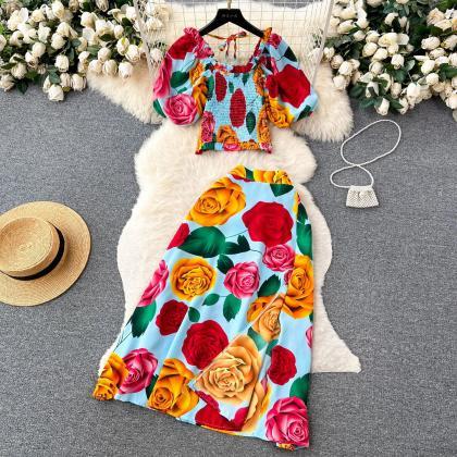 Rose Tropical Plant Print Surplice V Neck Ruffle Hem Maxi Dress main image 0