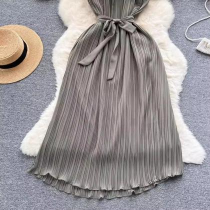 Pleated V-Neck Long Sleeve Maxi Dress With Belt Slate BlueFlamingo main image 0