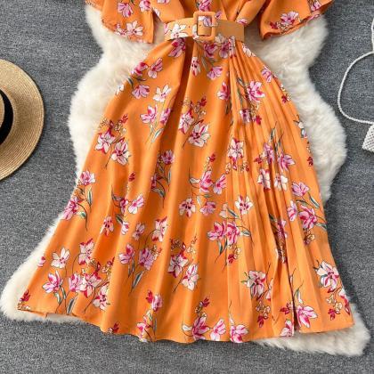 Printed V Neck Self Belted Side Cut Out Ruffled Maxi Dress main image 0