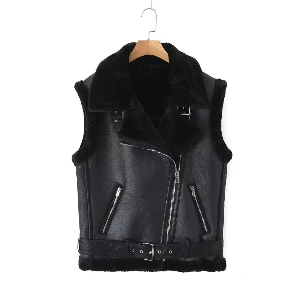 Shearling Lined Faux Leather Biker Vest Jacket on Luulla