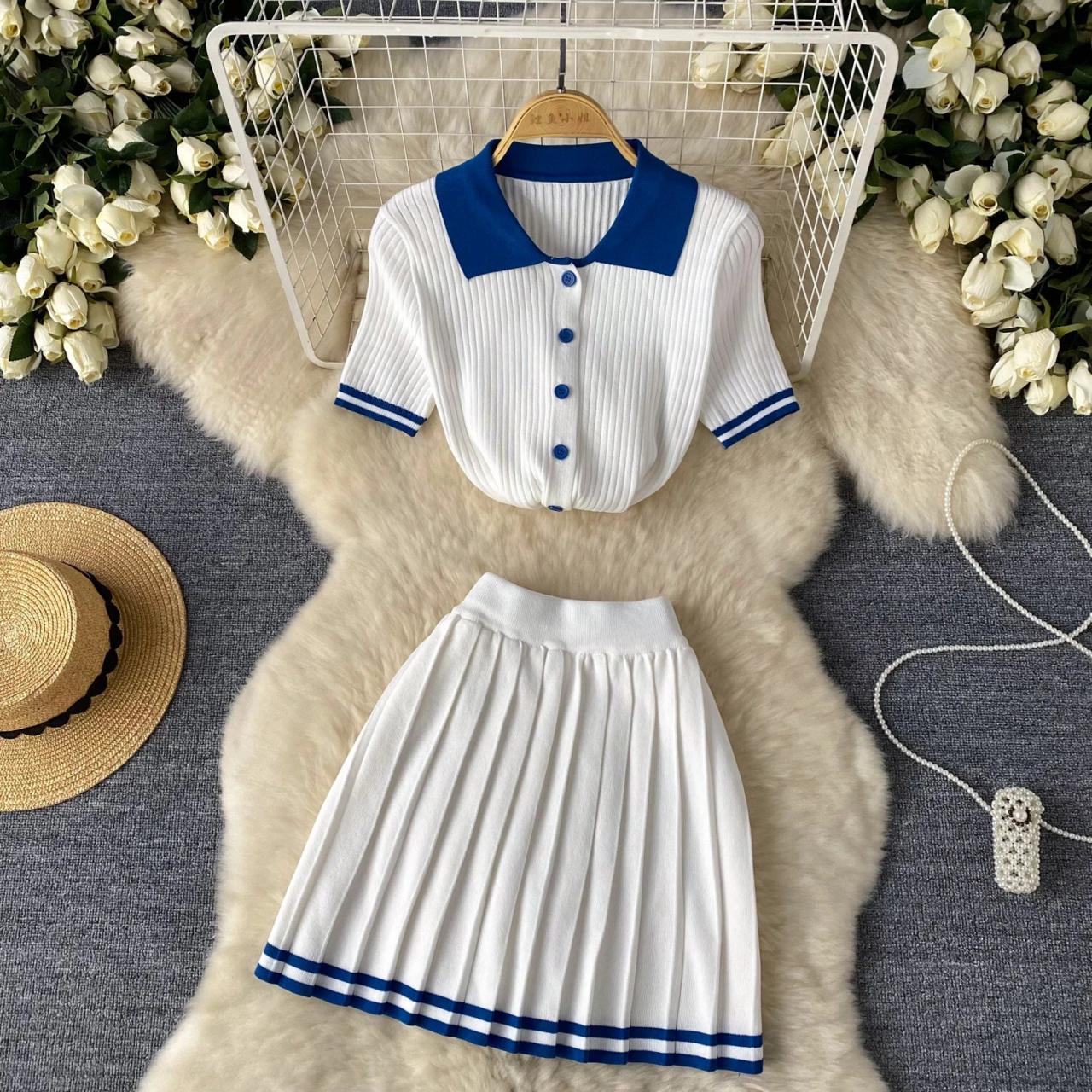Fashionbeat Summer Pleated Skirt and Top Set Casual