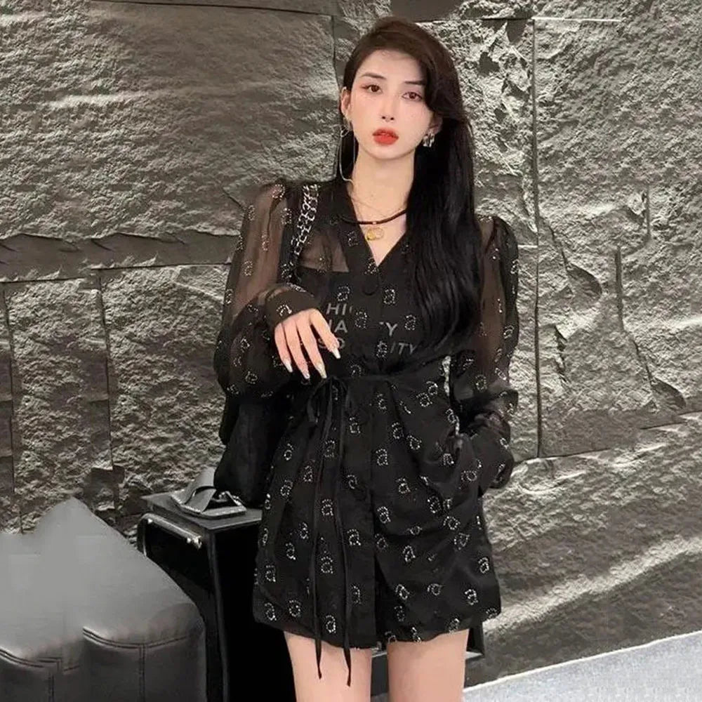 Elegant Black Sheer Sleeve Romper Dress Ensemble