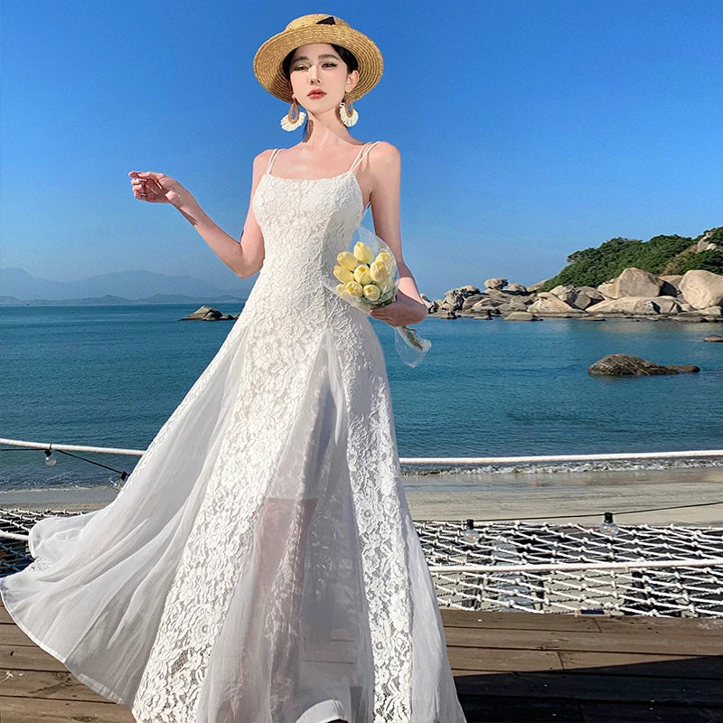 Elegant White Lace Beach Wedding Maxi Dress on Luulla