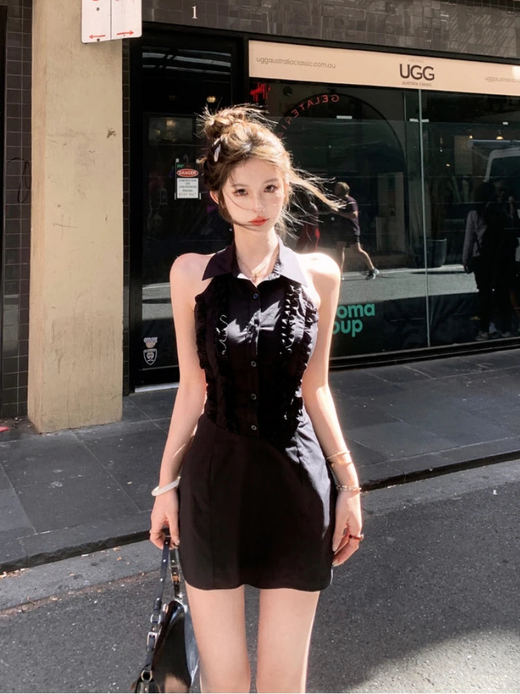 Black Ruffled Halter Mini Dress - Stylish And Elegant