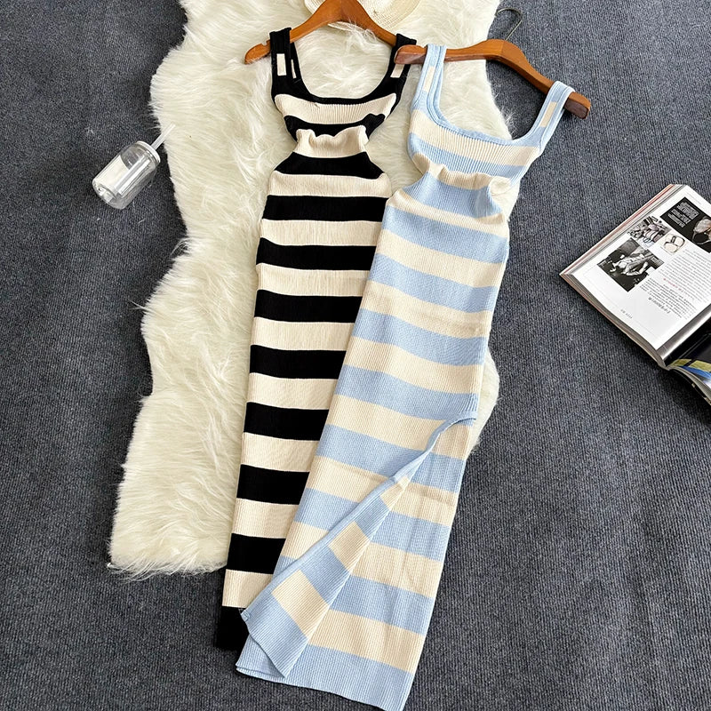 Striped Sleeveless Knit Maxi Dress For Women