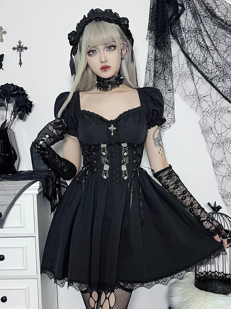 Gothic Lolita Black Dress With Lace Details on Luulla