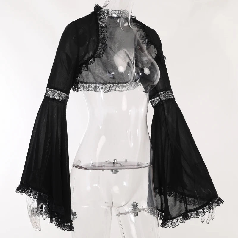 Gothic Bell Sleeve Lace Top with Scarf Collar