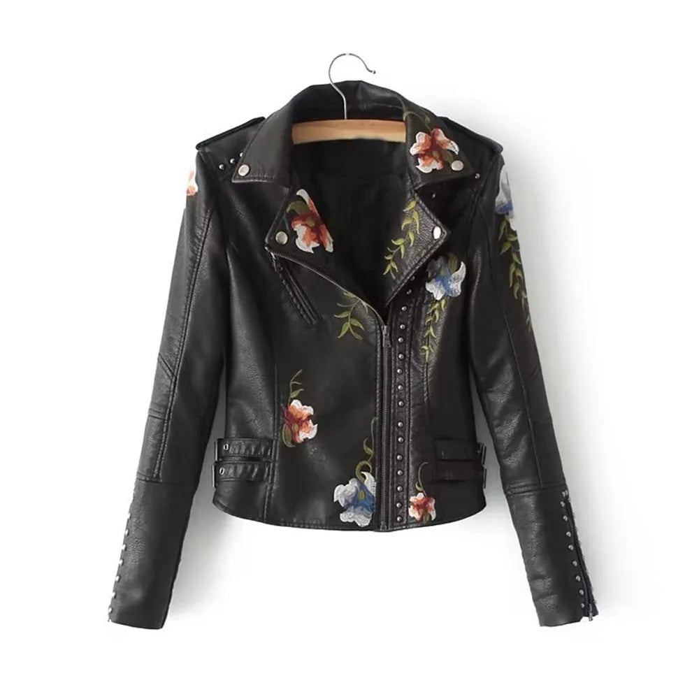 Embroidered leather jacket womens sales