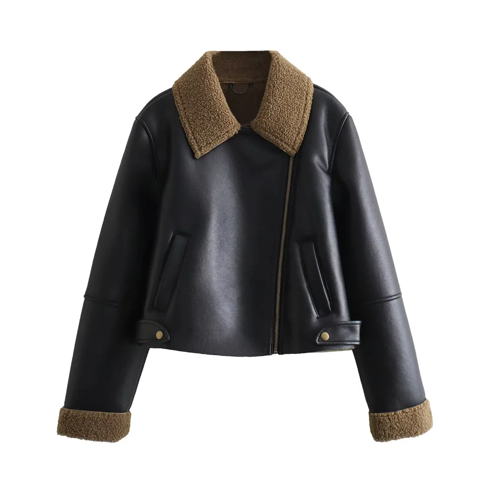 Fashionbeat Womens Faux Leather Aviator Jacket Shearling Lined