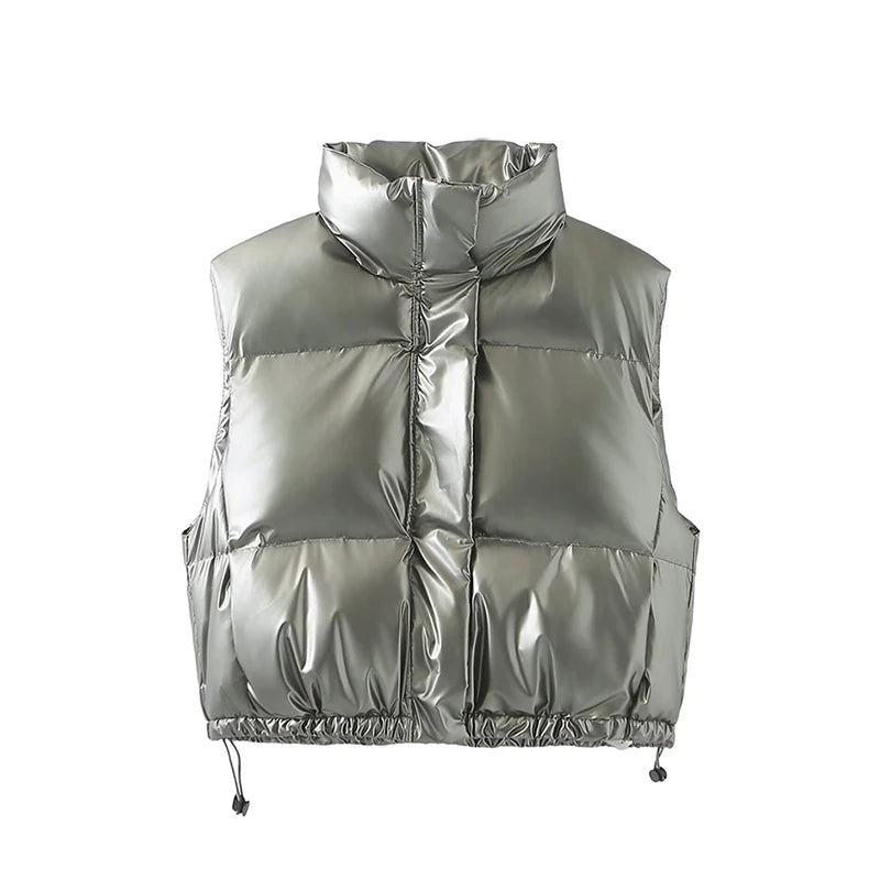 Silver puffer vest womens top