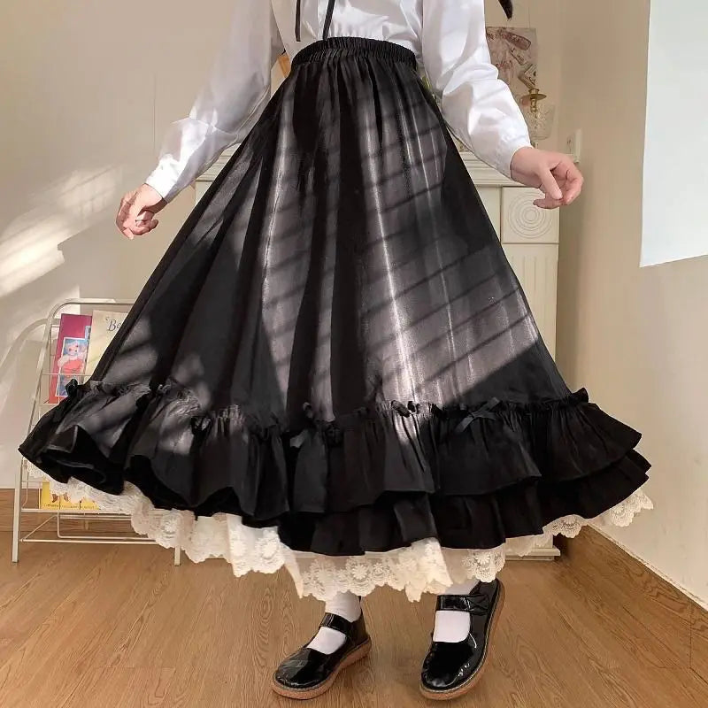 Vintage Black Lace Ruffle Long Skirt Dress