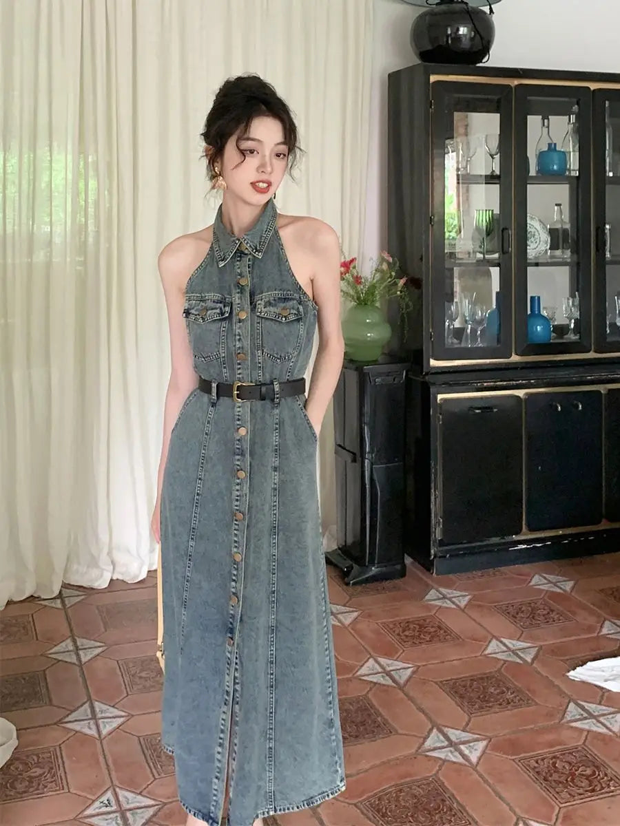 slim fit dress slacks Caroline Denim Halter Midi Dress / Indigo Blue | Meshki