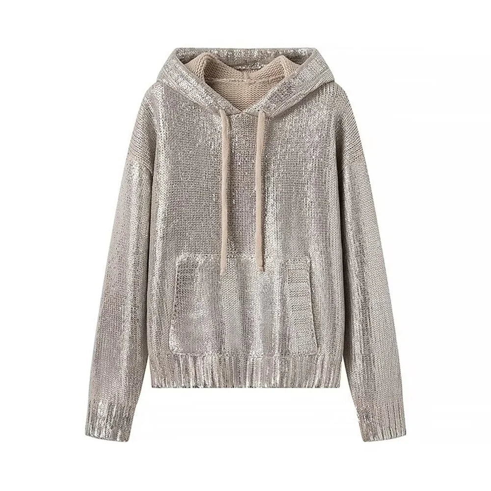 Metallic Silver Sequin Hooded Sweatshirt For Women