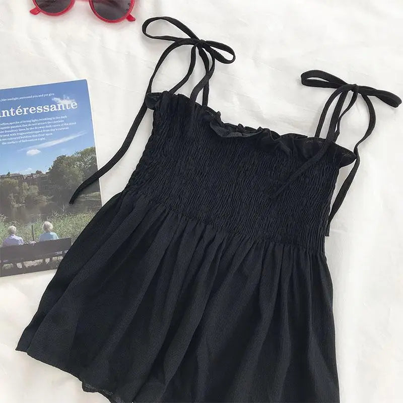 Summer Black Ruffle Strap Smocked Sundress