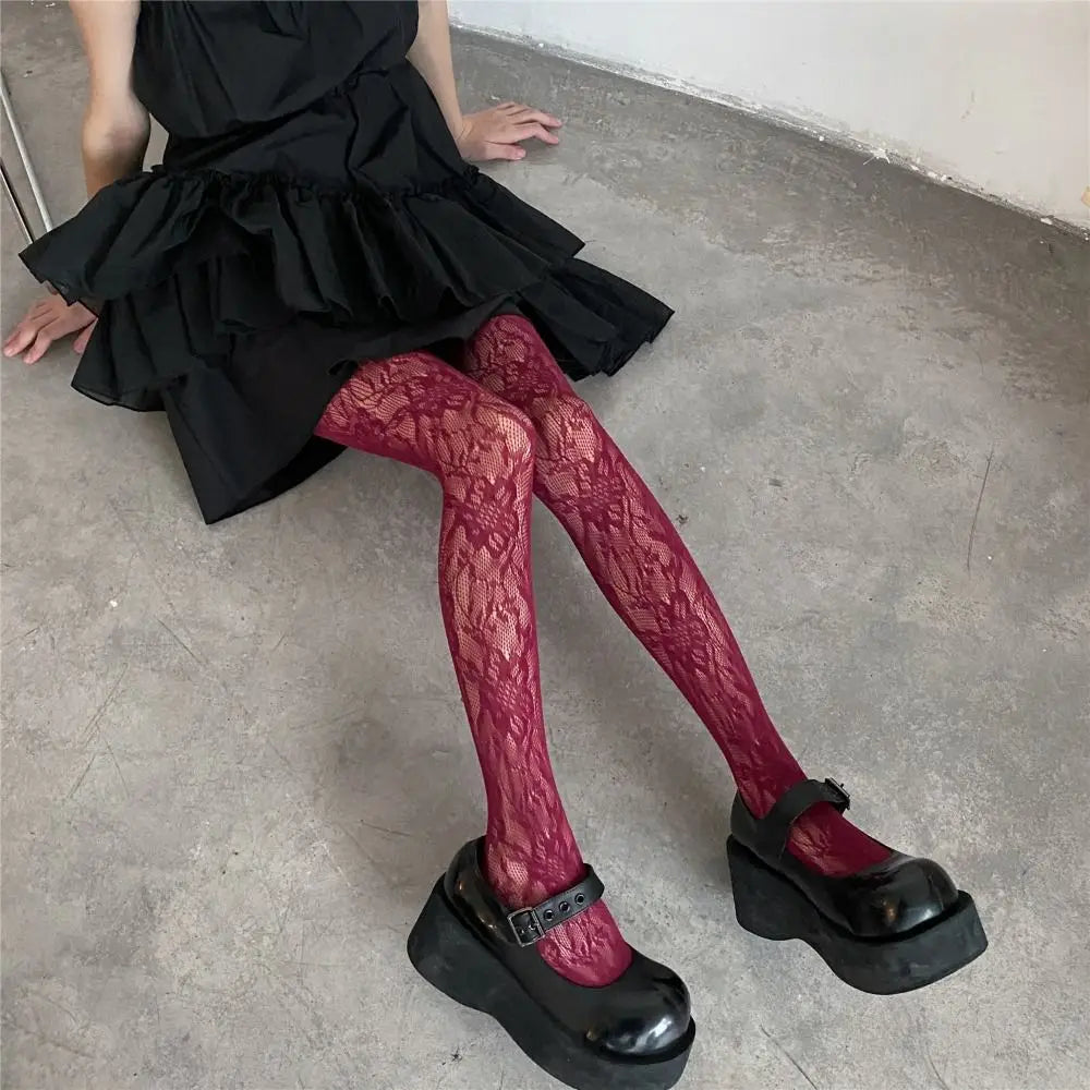 Burgundy Lace Pantyhose Gothic Vintage Style on Luulla