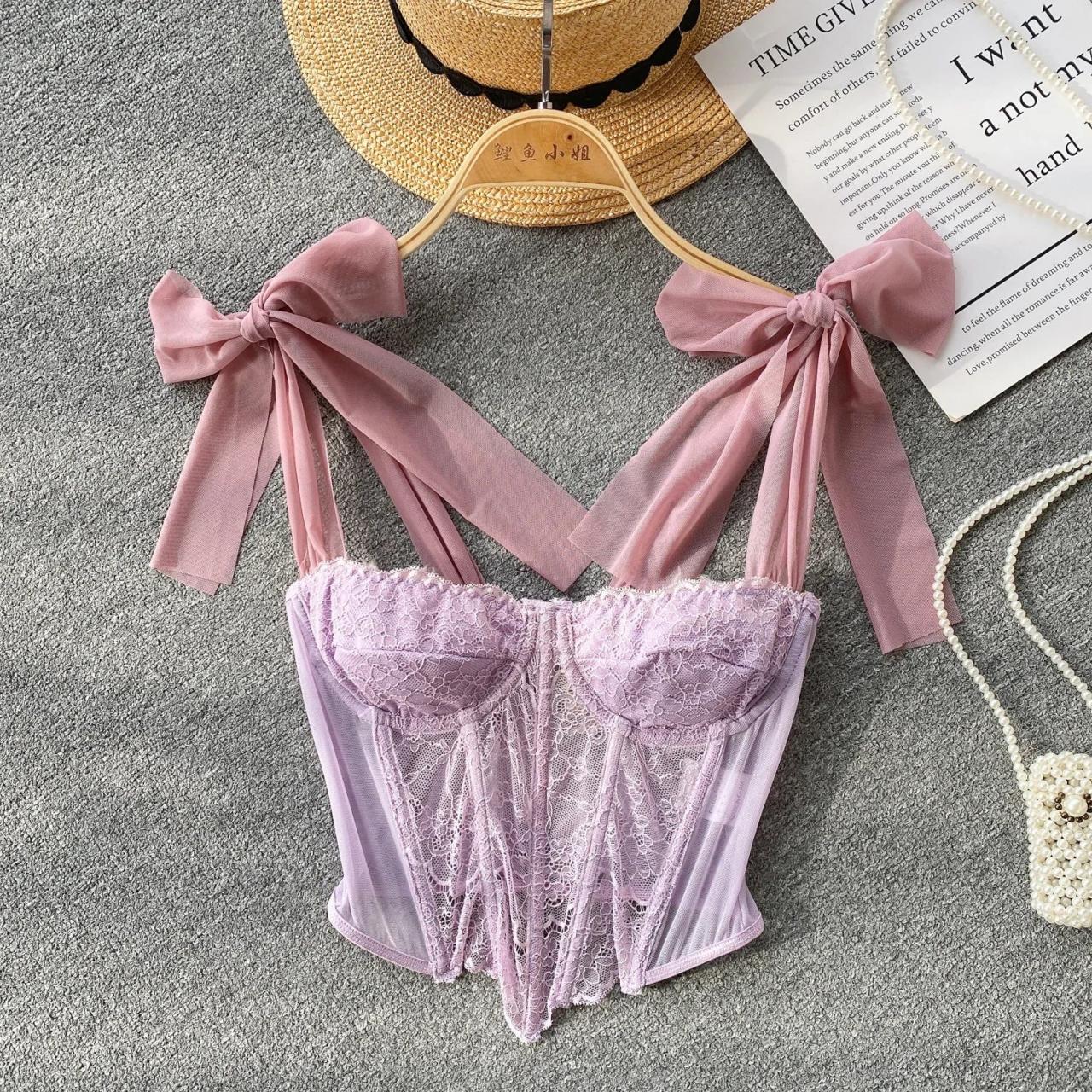Elegant Ribbon Straps Lavender Lace Corset Elegant Ribbon Straps Lavender Lace Corset