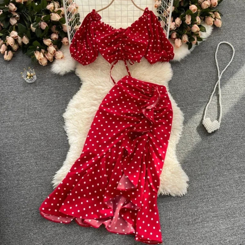 Red polka dot two piece set top