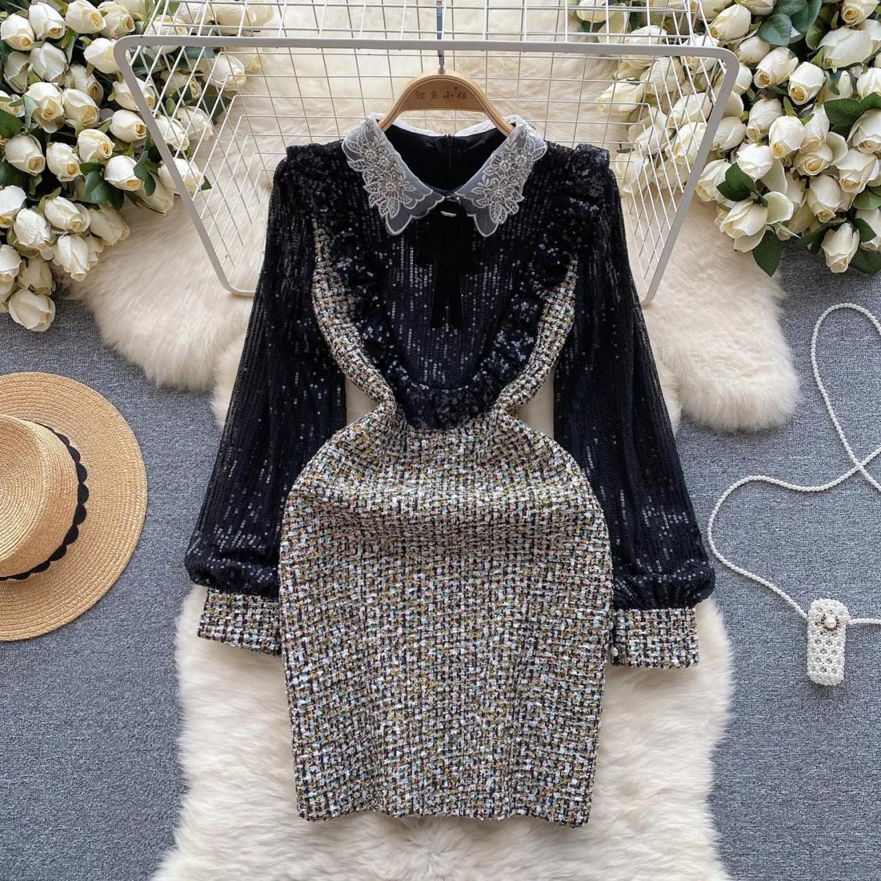 elegant lace dress with collar DOLLY Elegant White Square Collar Lace Long Sleeve Midi Banquet Dress-MALOY M / White main image 1