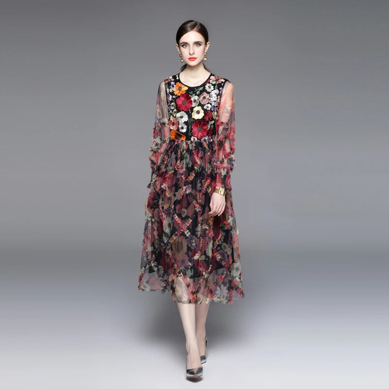 embroidered long sleeve midi dress Maya Red 3D Floral Embroidered Long Sleeve Midi Dress – Maya Deluxe