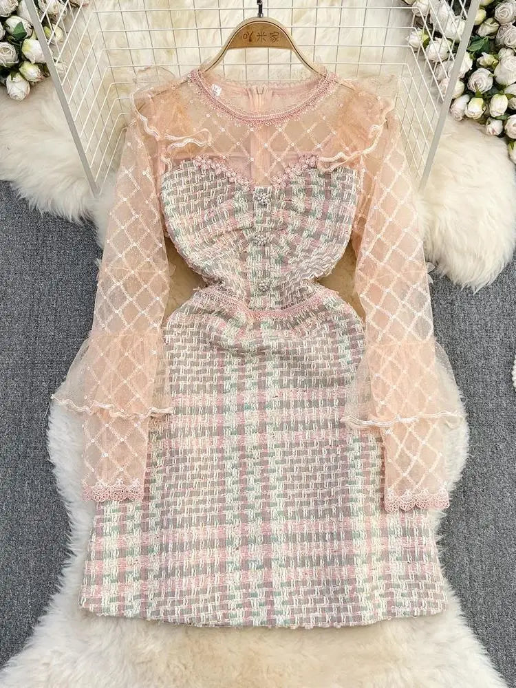 Elegant Plaid Dress With Sheer Puffy Sleeves on Luulla