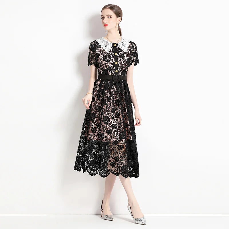 Elegant Black Lace Dress With White Collar