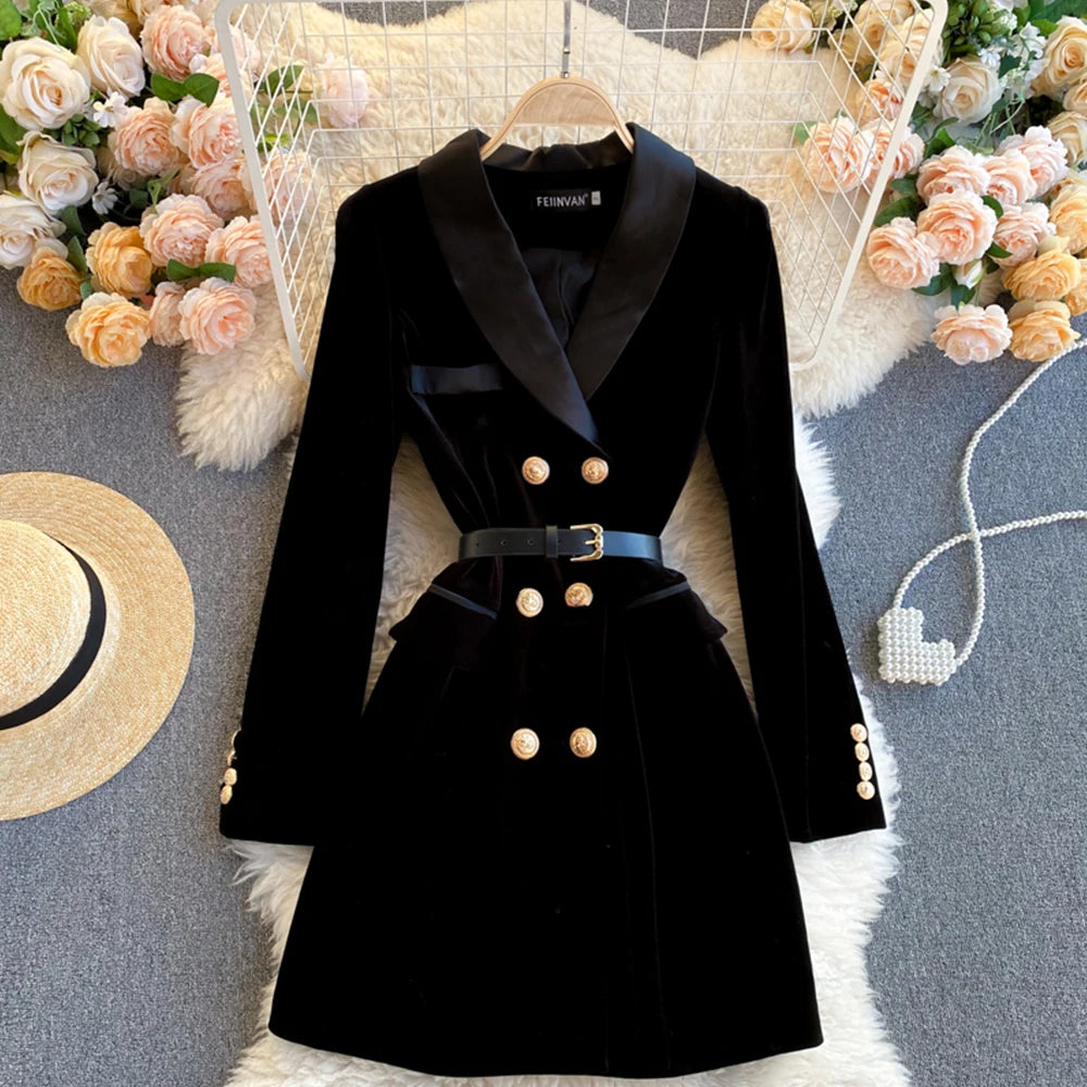 Elegant Black Velvet Double-breasted Belted Blazer Dress