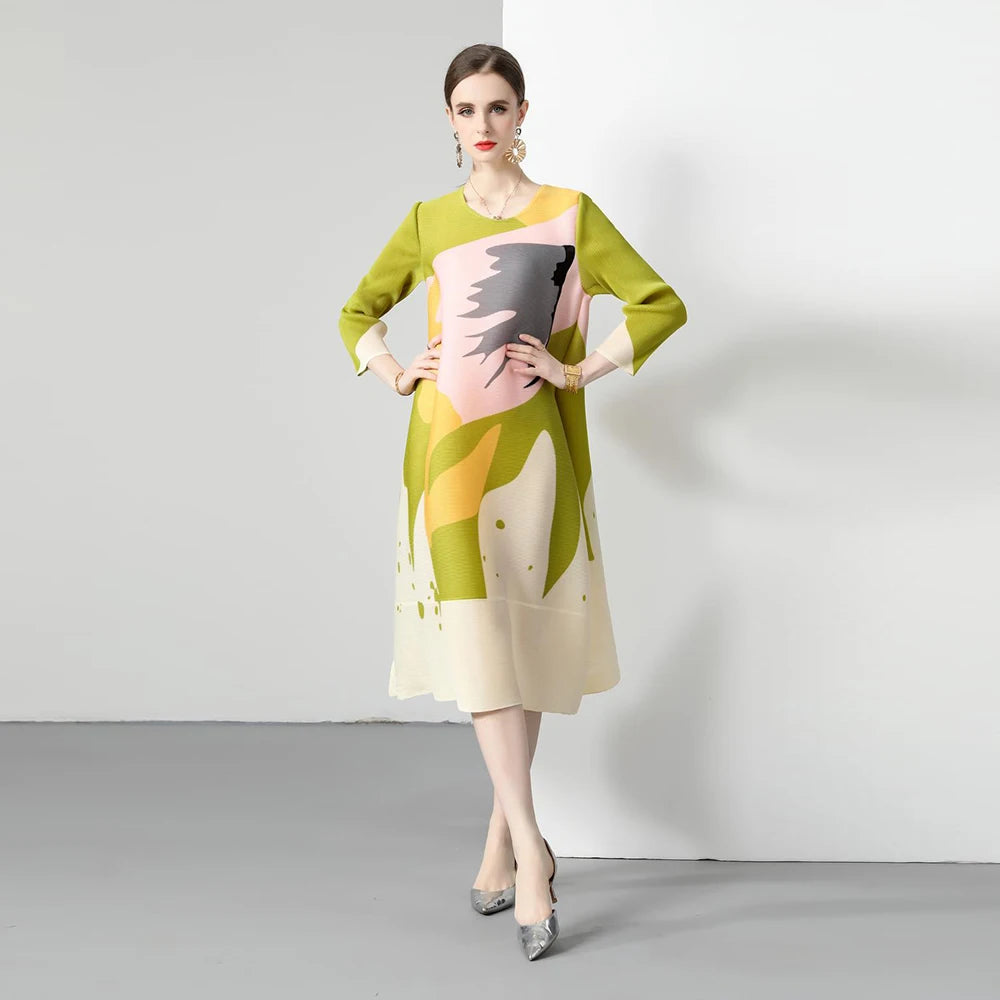 Abstract Print Long Sleeve Midi Dress