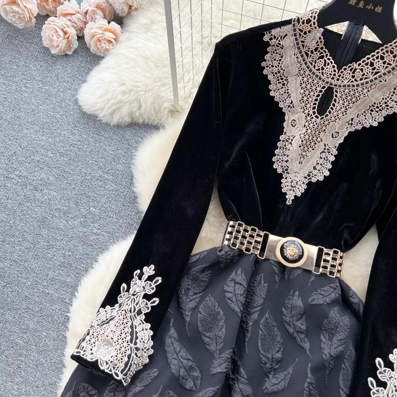Elegant Black Lace Dress With Belt Details on Luulla