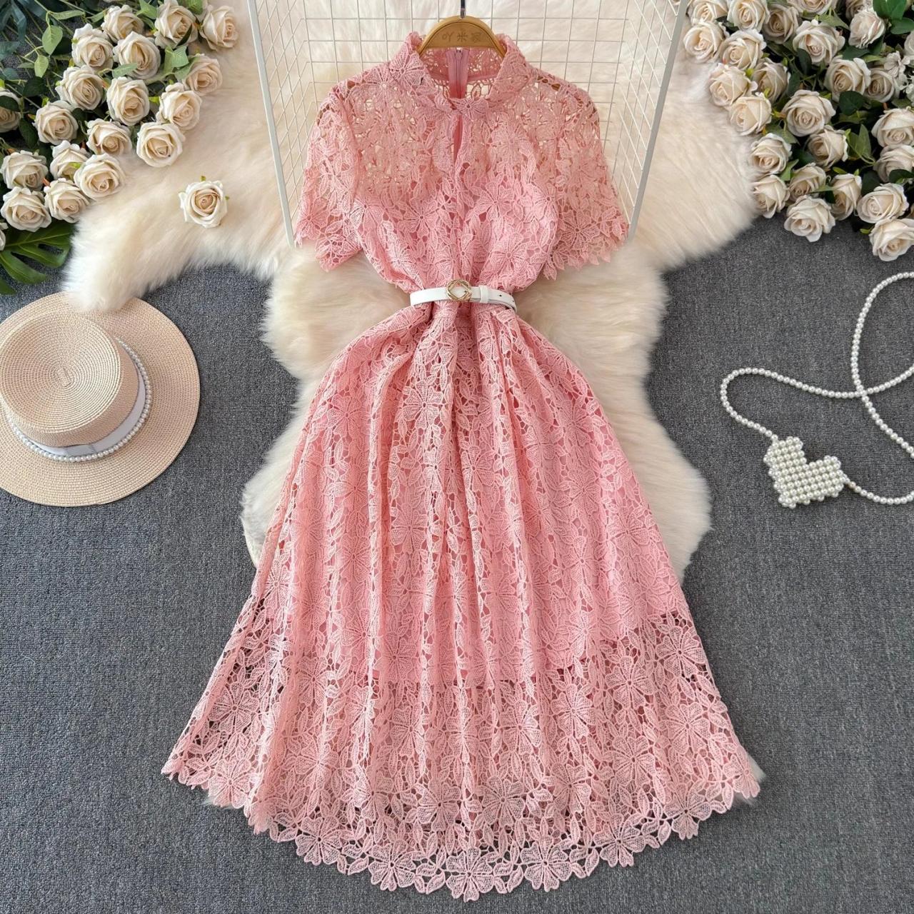 chinese dress ladies Lace Up Back Pink A-line Long Formal Dress EWQ001 – SELINADRESS main image 1