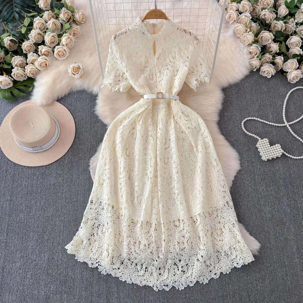 Elegant Pink Lace Dress With Belt on Luulla