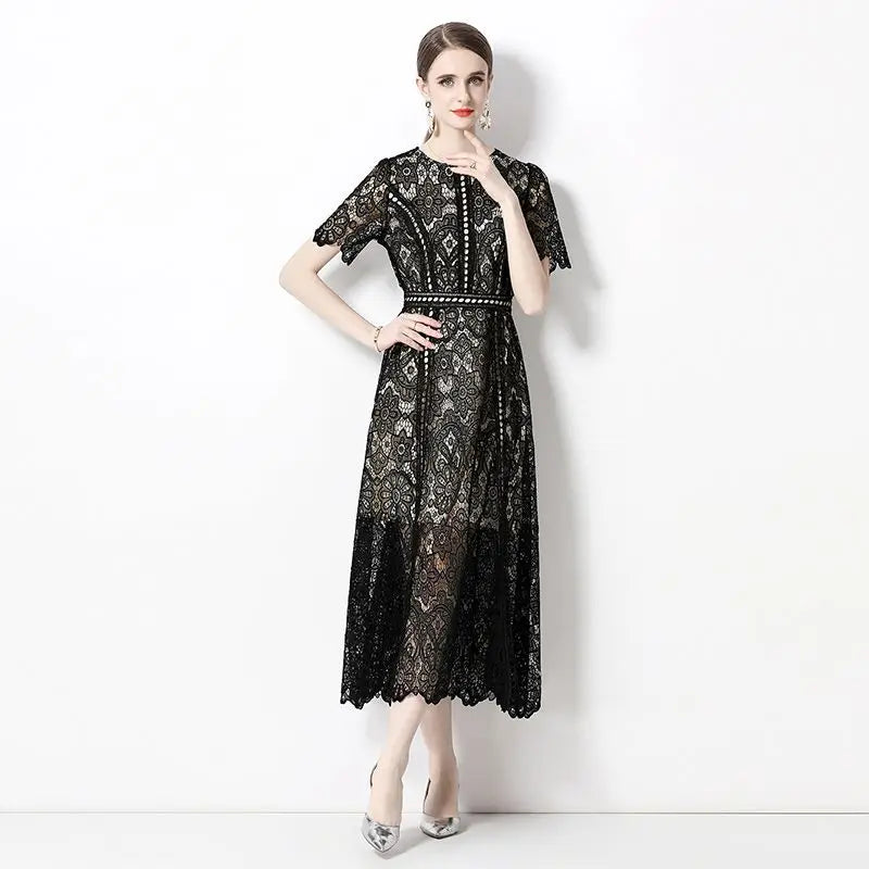 Exquisite Black Lace Midi Dress For Women on Luulla