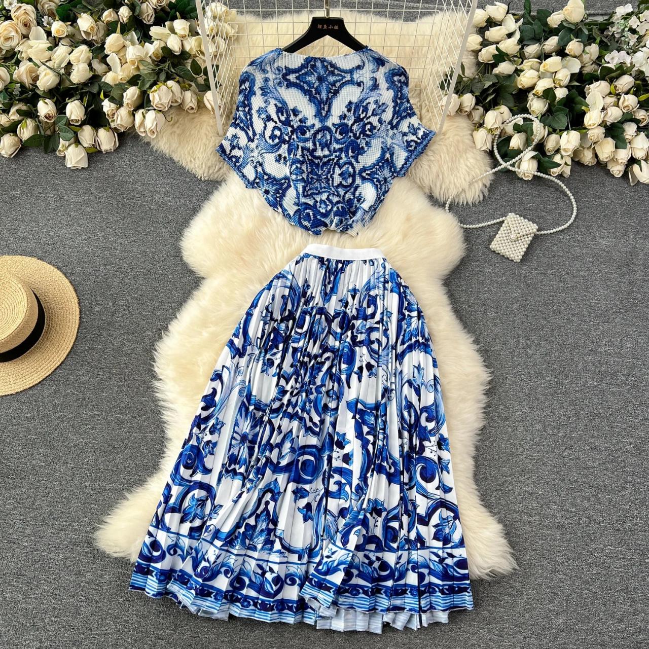 blue floral two piece dress Linen Blend Ivory & Blue Floral Maxi Dress - All Dresses main image 0