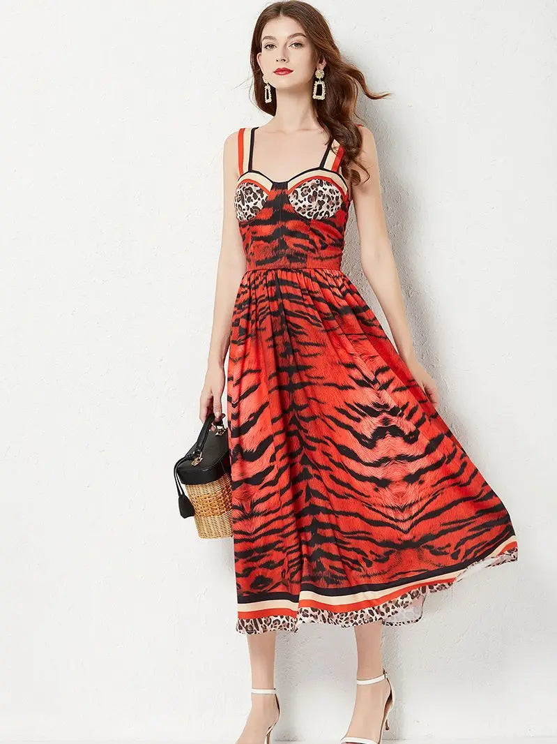 Vibrant Tiger Print Strappy Midi Dress