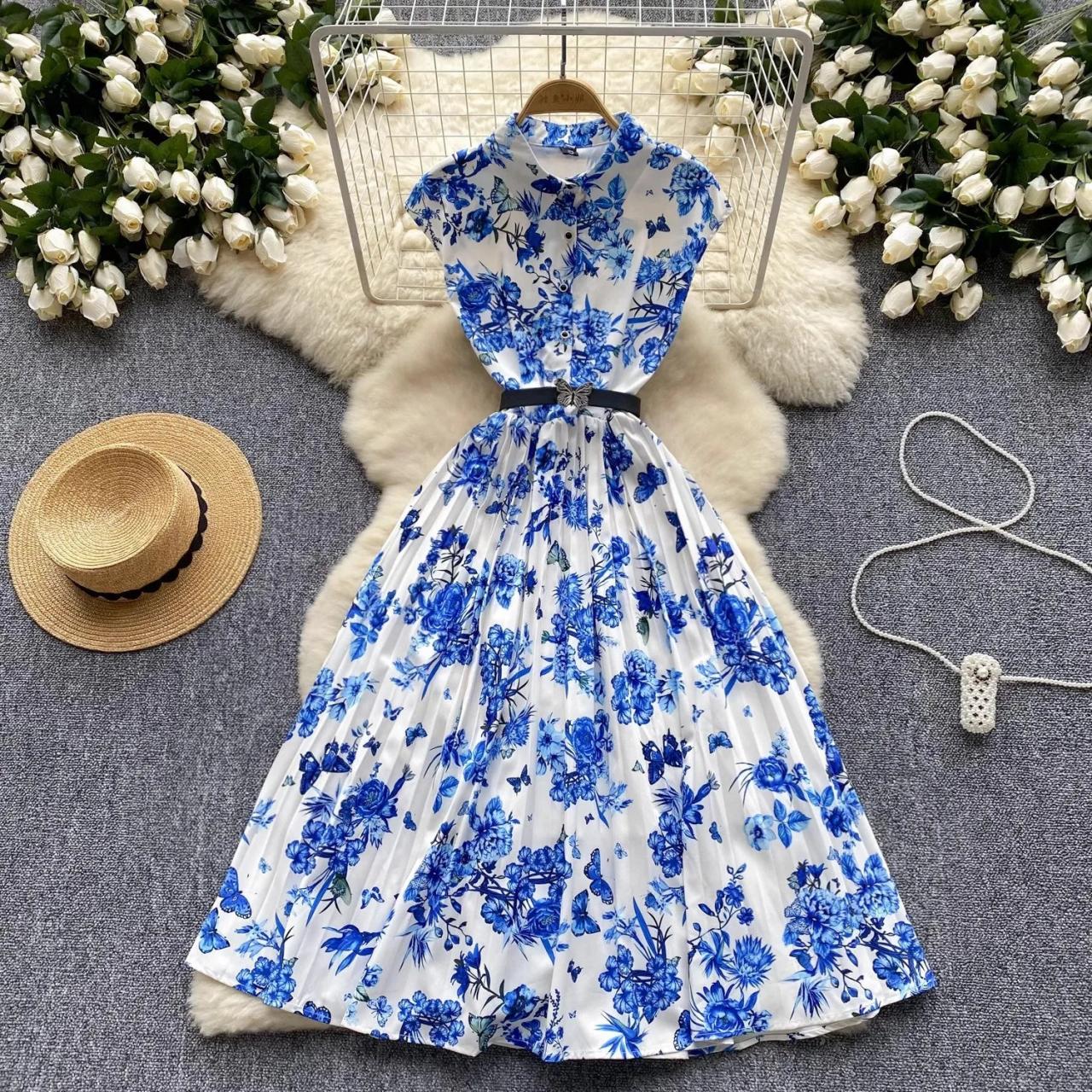 Floral Summer Dress With Blue Flower Print