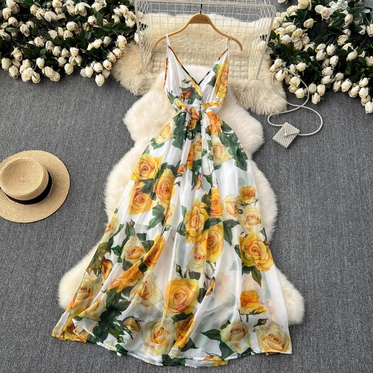 Summer Flowing Floral Maxi Dress Yellow Roses on Luulla