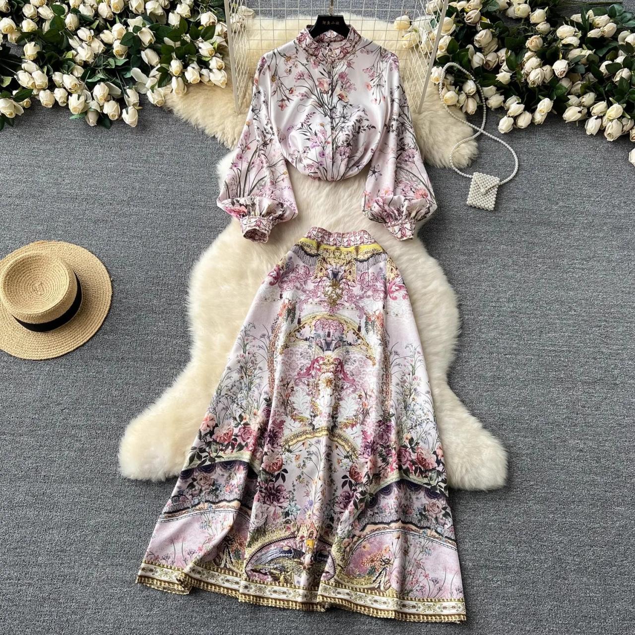 long sleeve lace top with floral skirt two piece dress Two-Piece Bohemian Wedding Dress with Long Sleeve Lace Top High-Low Sh –  Viniodress main image 1