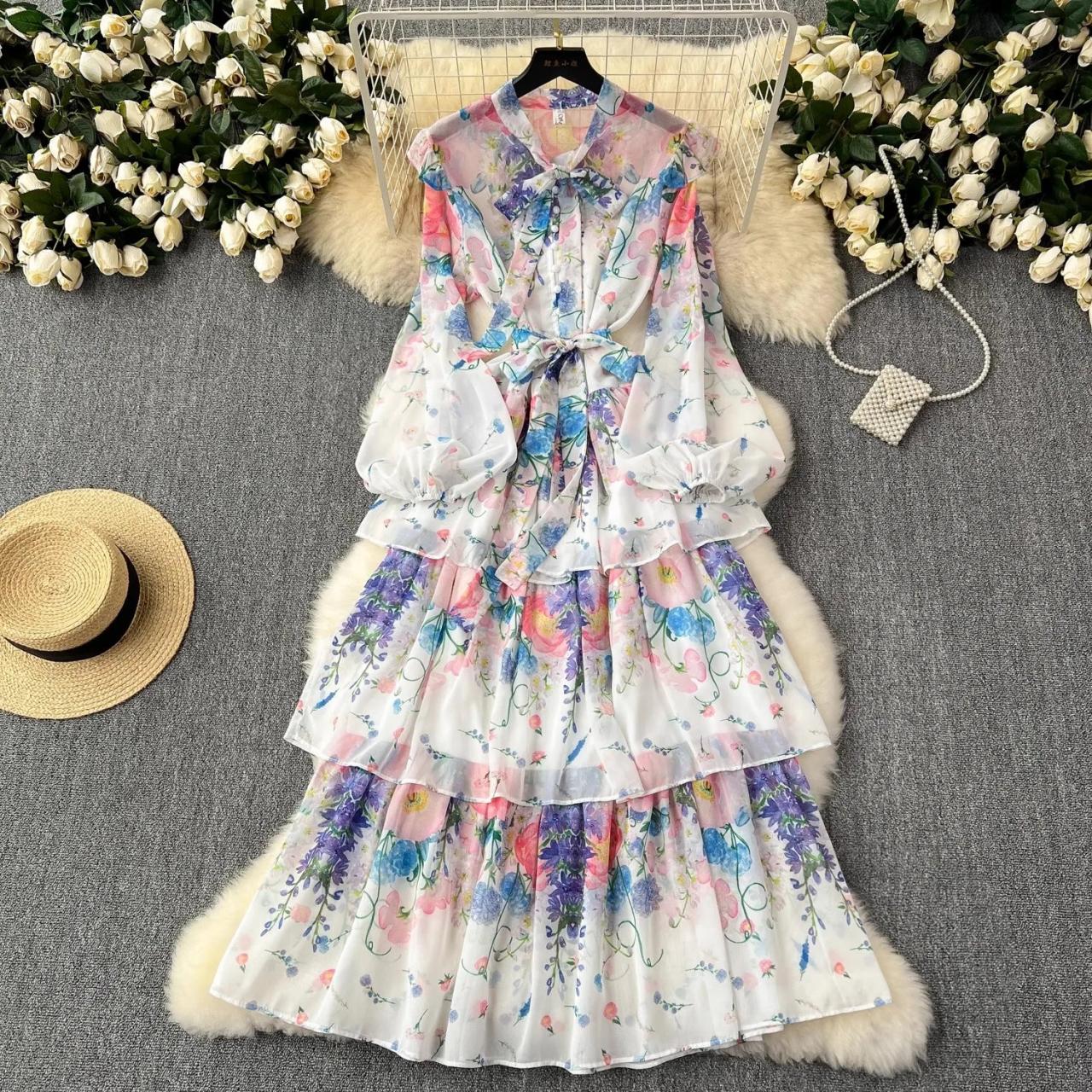fitted lace wedding dress Floral and Brown Boho Chiffon Ruffle Maxi Dress Large