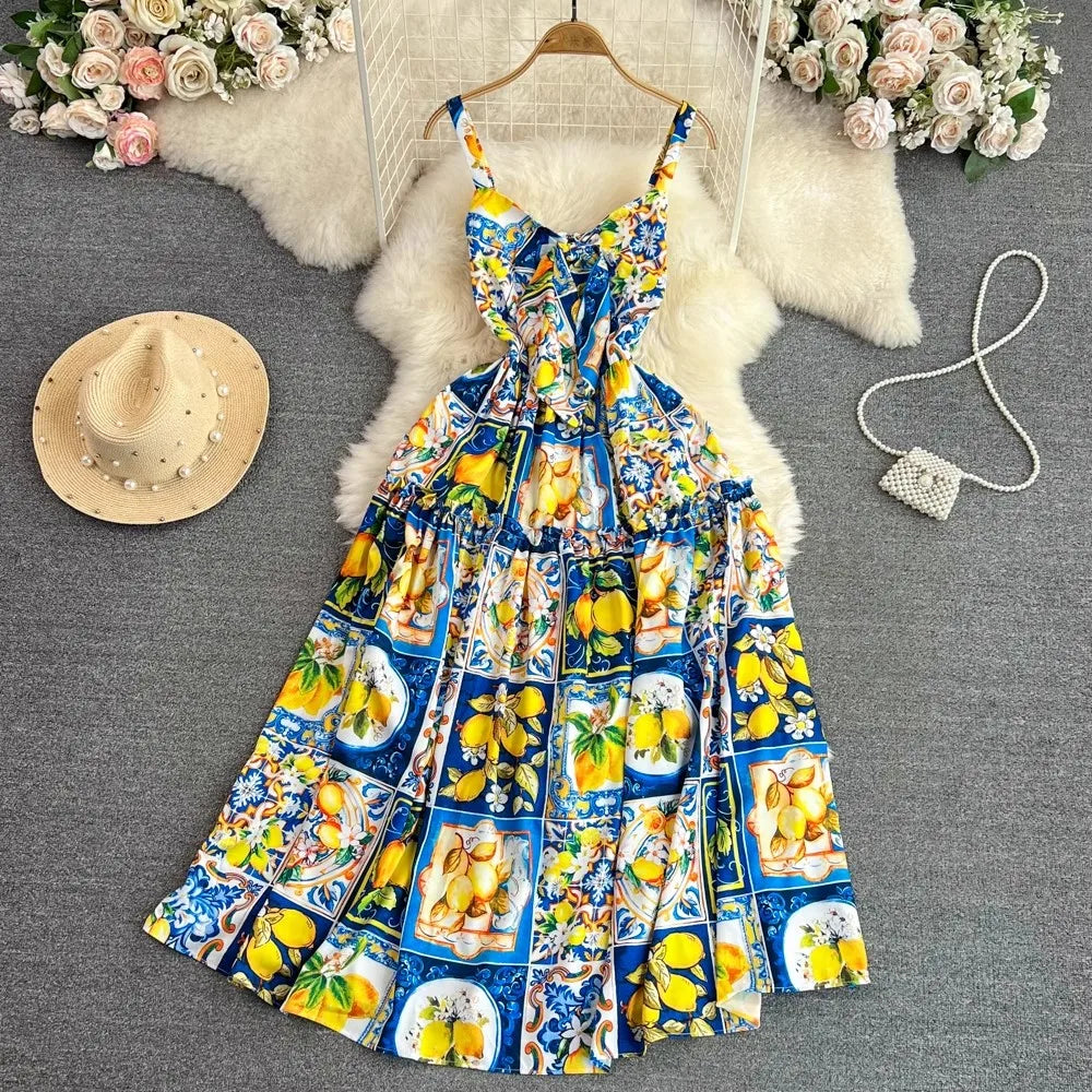 fitted lace wedding dress LEMON PRINT TIE STRAP MAXI DRESS – CHELA