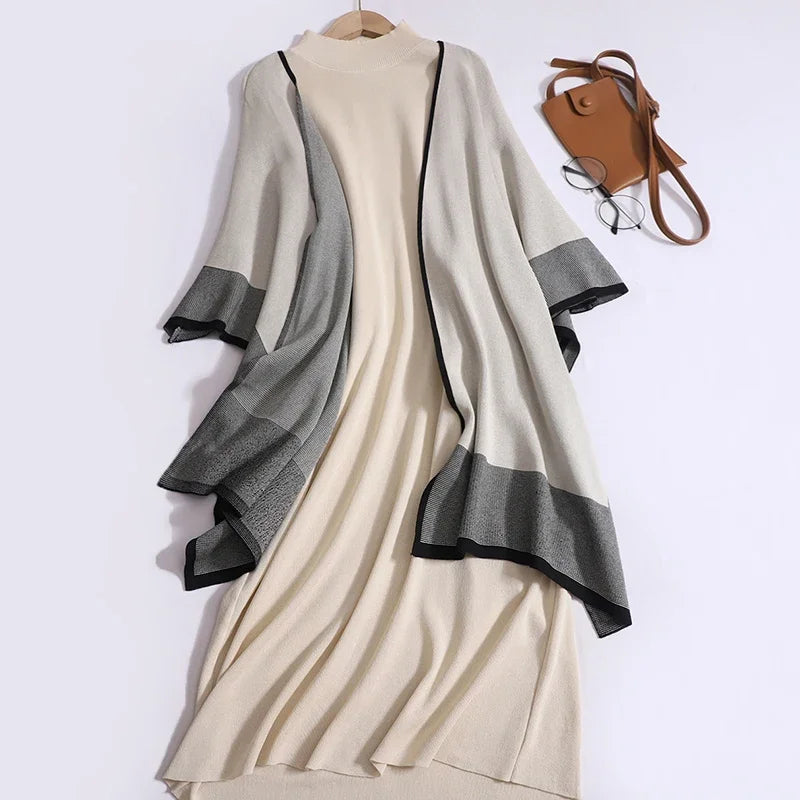 Elegant Two-piece Knit Dress And Cardigan Set