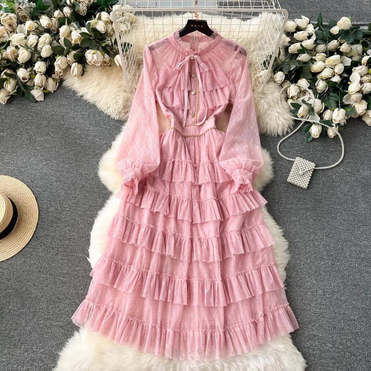 Elegant Pink Layered Ruffle Long Sleeve Dress