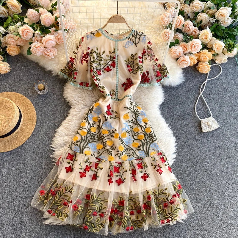mesh flower embroidered dress Vintage 1970s Mexican Embroidered Cotton Dress