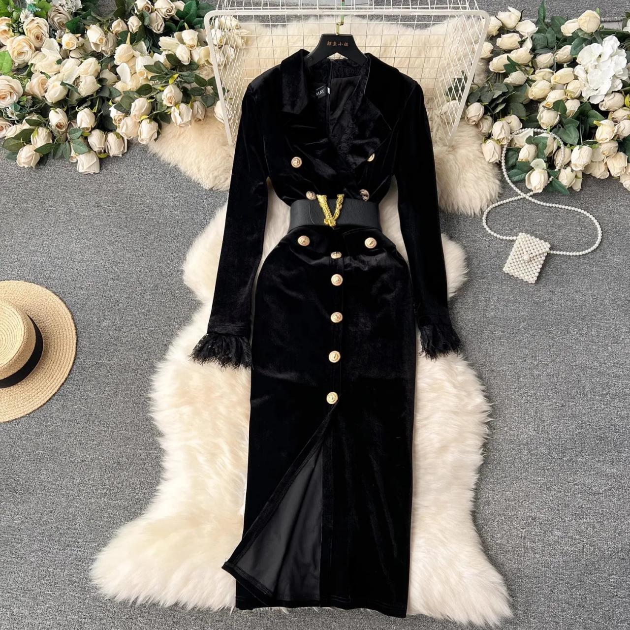 Elegant Black Velvet Long Sleeve Trench Dress on Luulla