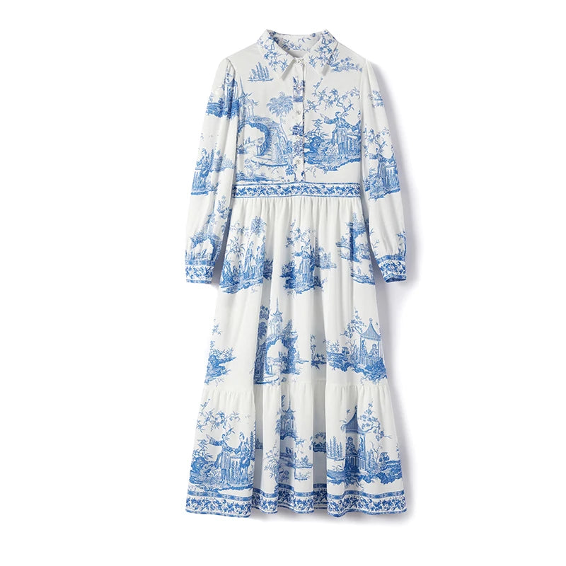 Vintage Blue And White Scenic Print Dress