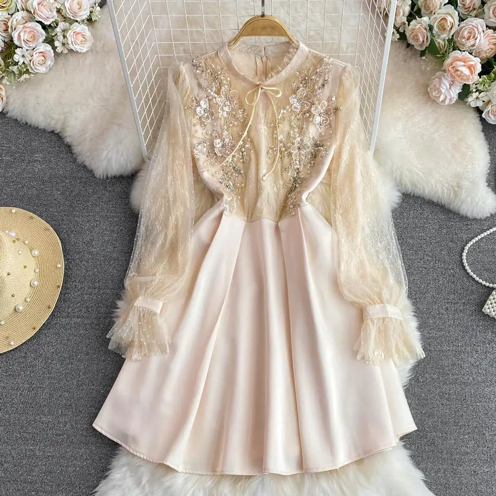 Elegant Lace Floral Embroidered Long Sleeve Dress