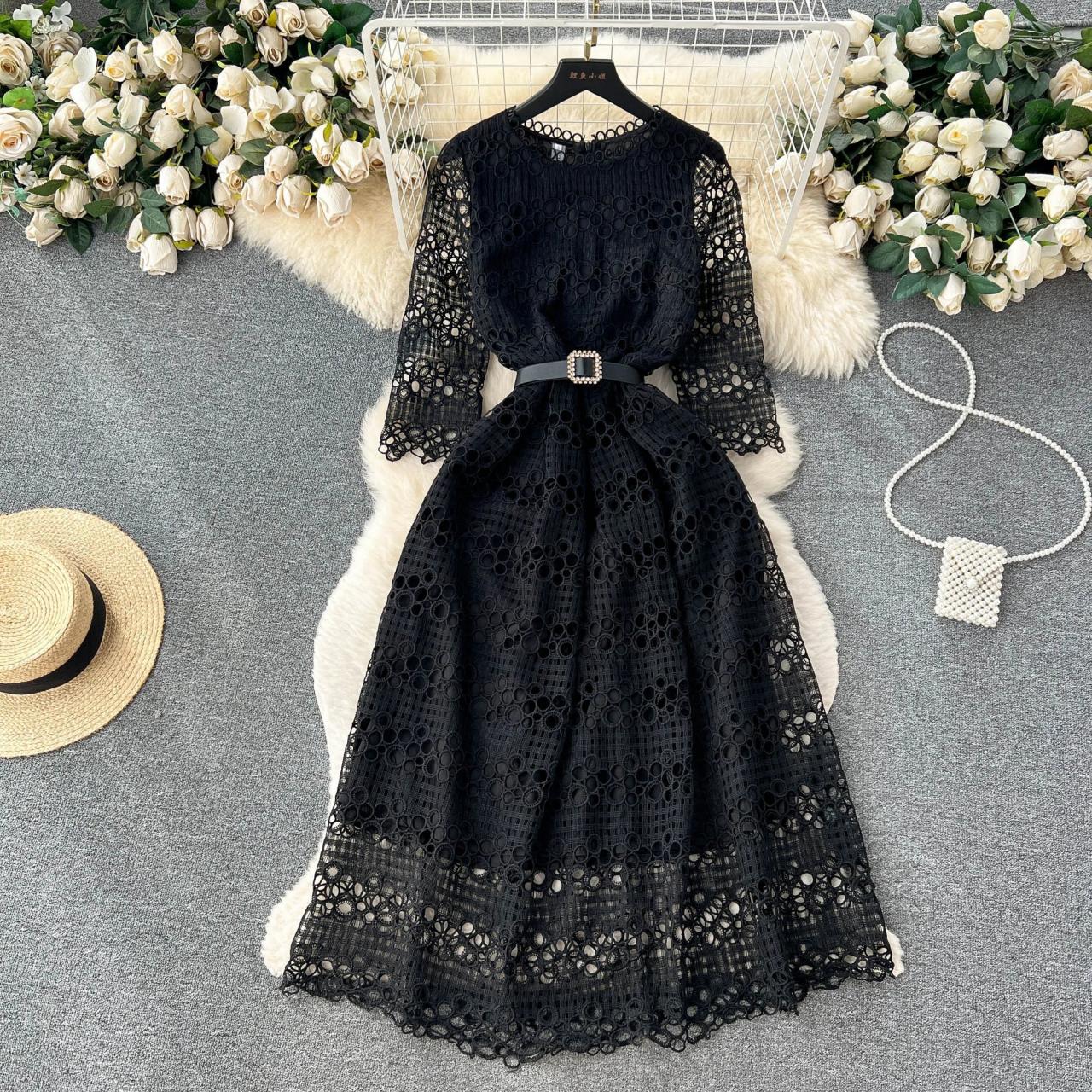 Elegant Black Lace Dress With Belted Waist